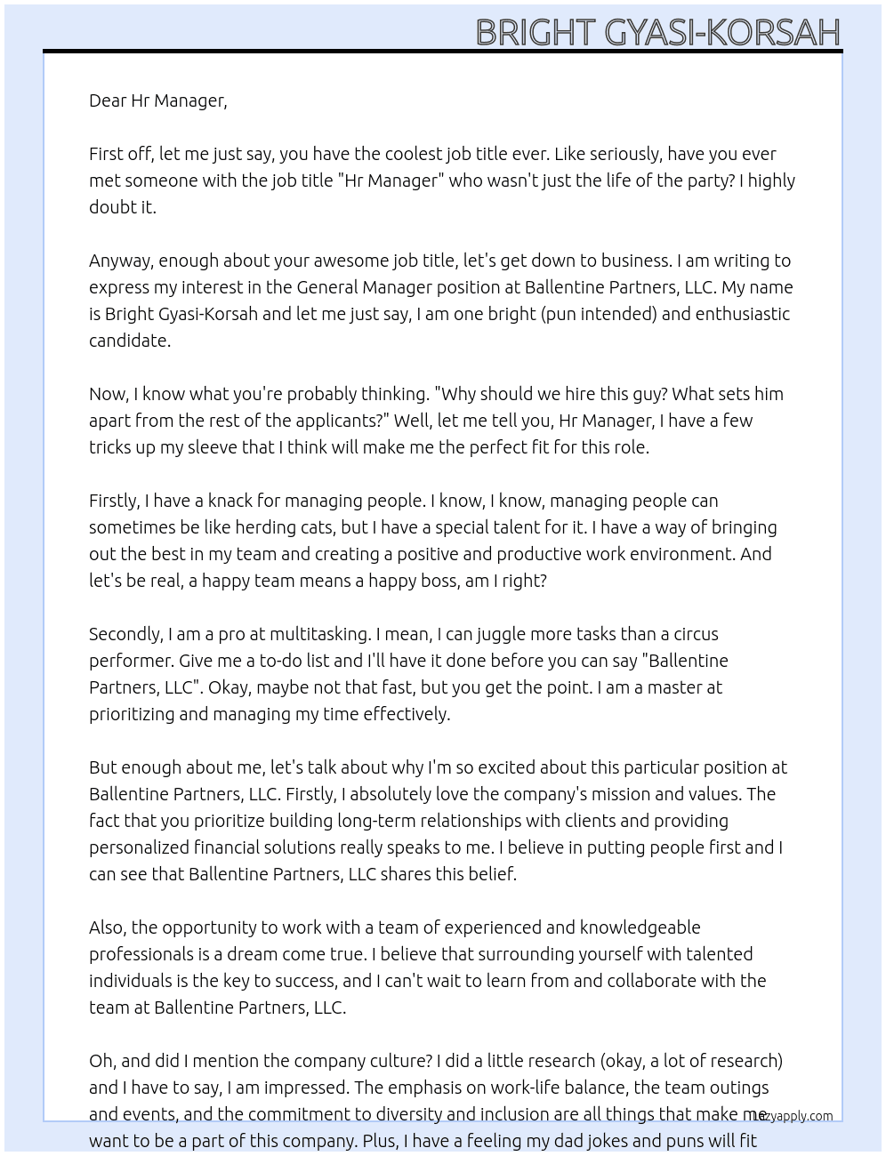 General Manager At Ballentine Partners, LLC Cover Letter
