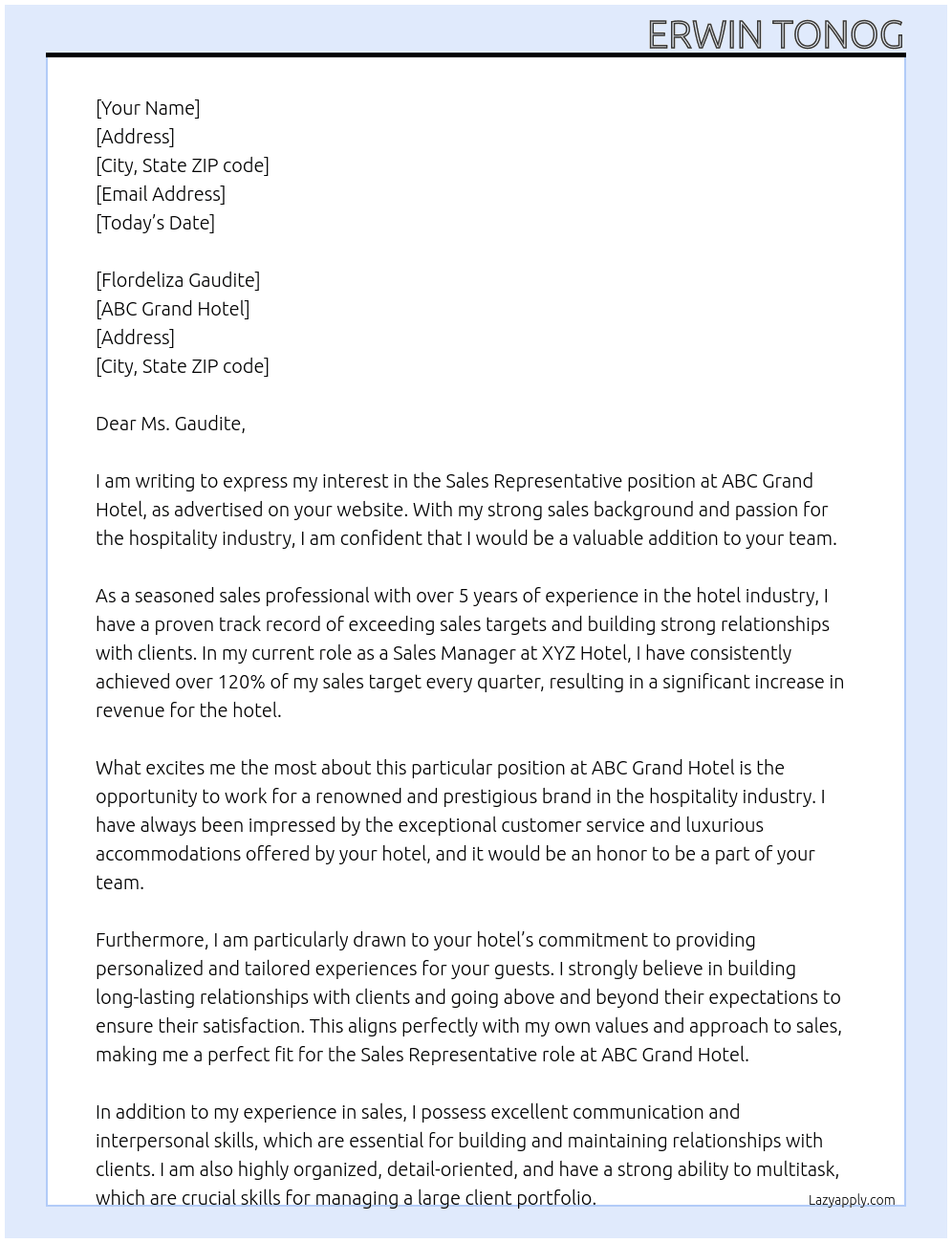SALES REPRESENTATIVE At ABC GRAND HOTEL Cover Letter
