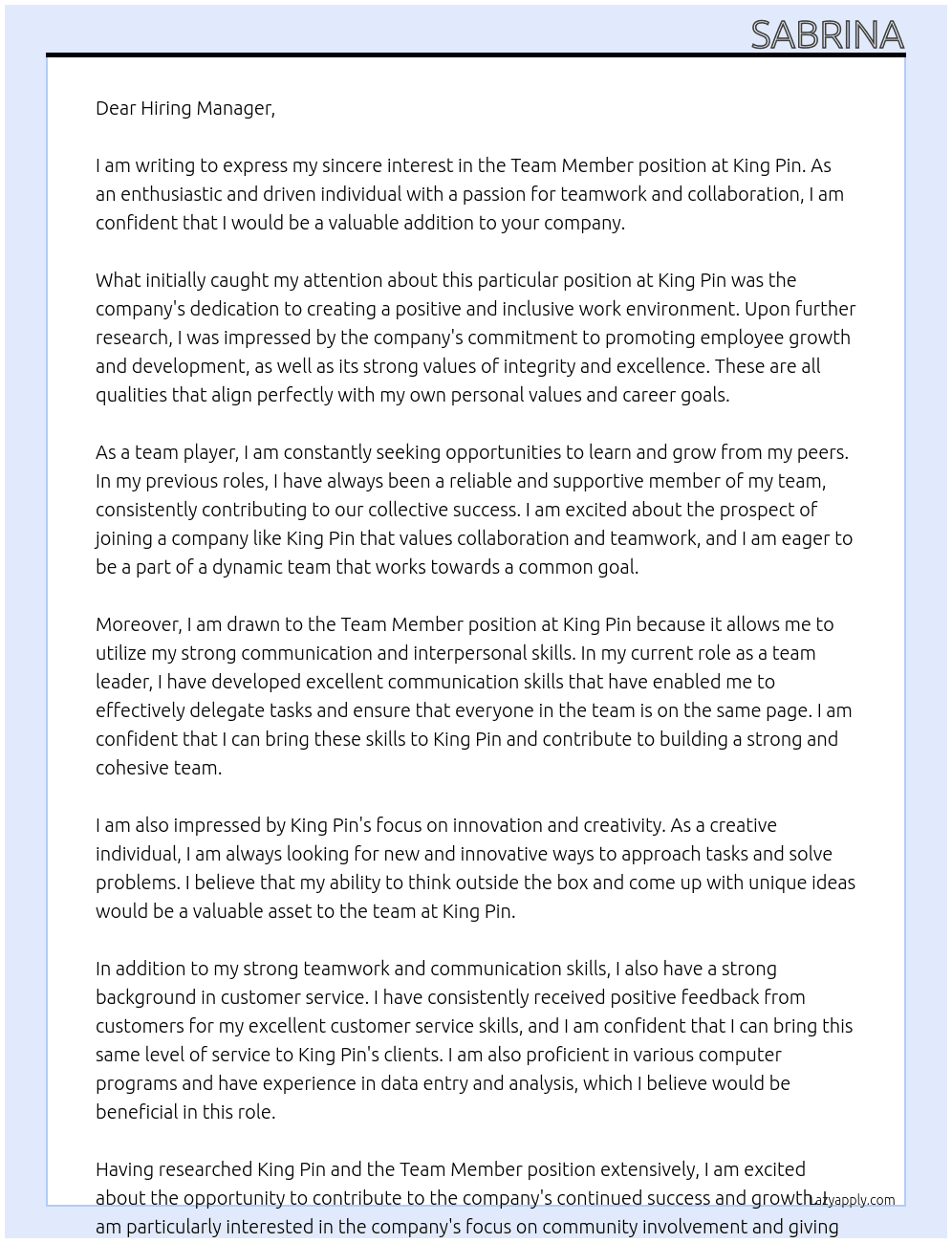 Team member At King Pin Cover Letter