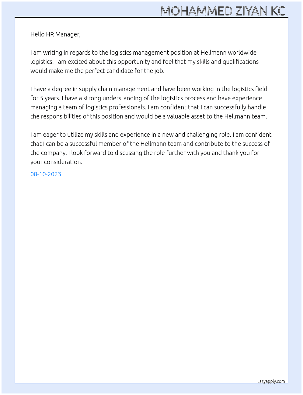 Logistics management At Hellmann worldwide logistics Cover Letter