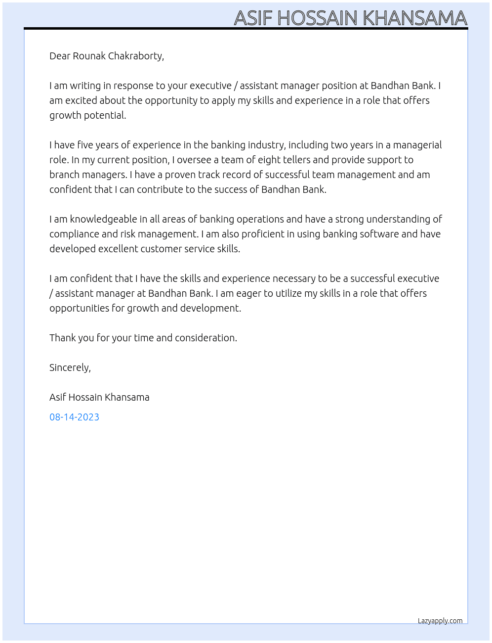 Executive / Assistant Manager At Bandhan Bank Cover Letter