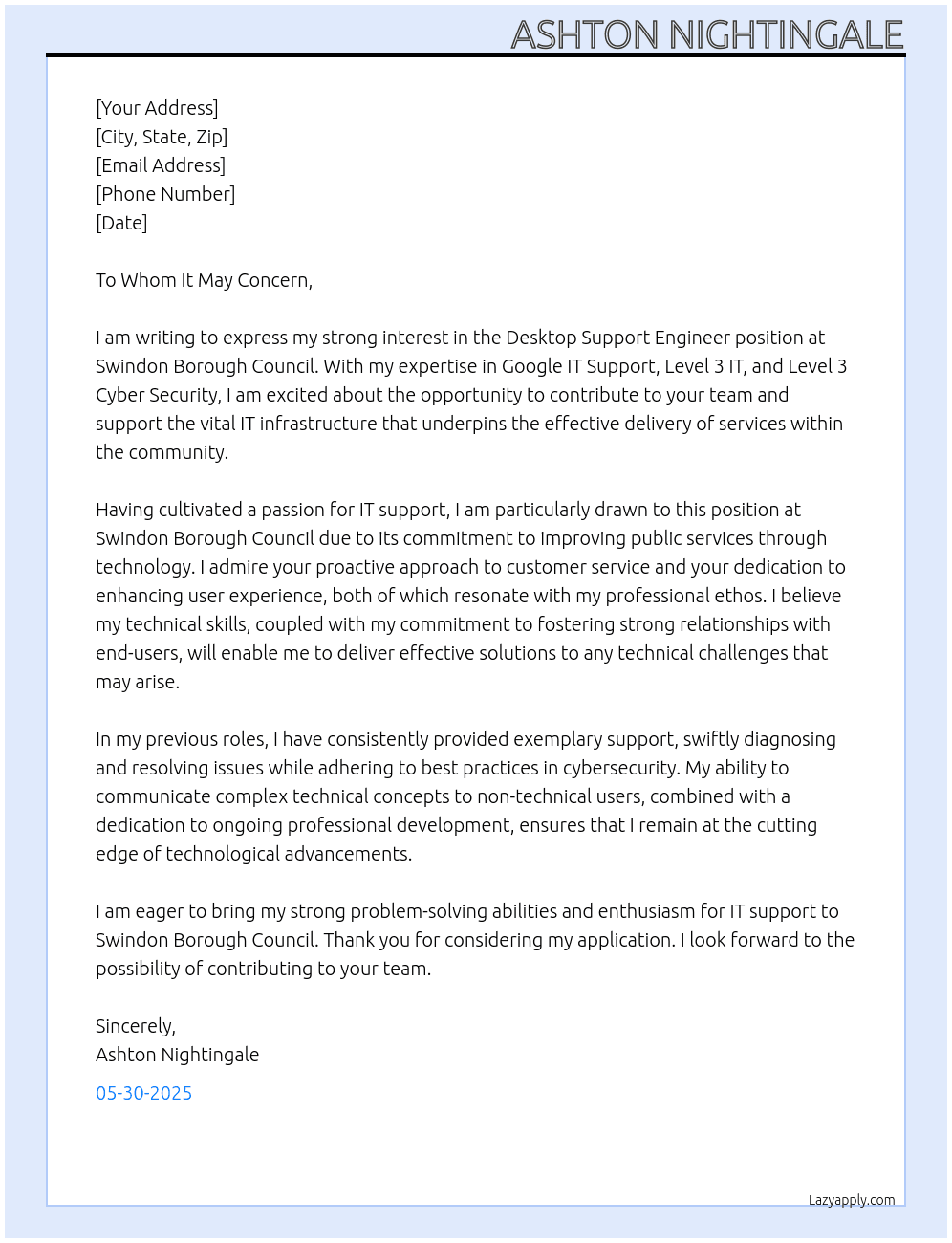Desktop Support Engineer At Swindon Borough Council Cover Letter