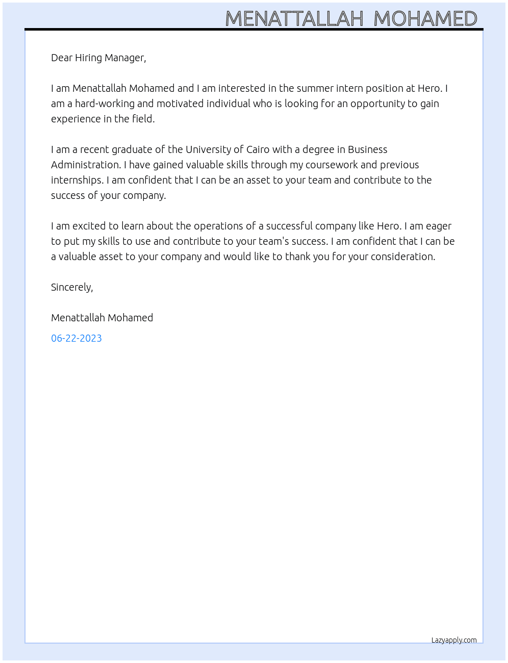 summer intern At Hero Cover Letter
