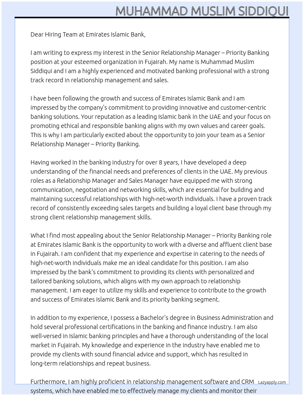  Senior Relationship Manager – Priority Banking (Fujairah) At Emirate Islamic Bank Cover Letter