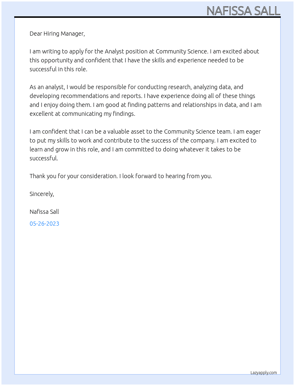 Analyst At Community Science Cover Letter