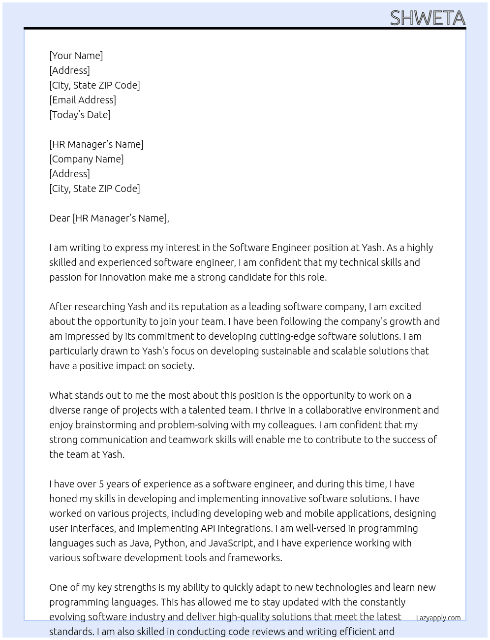 Software Engineer At Yash Cover Letter