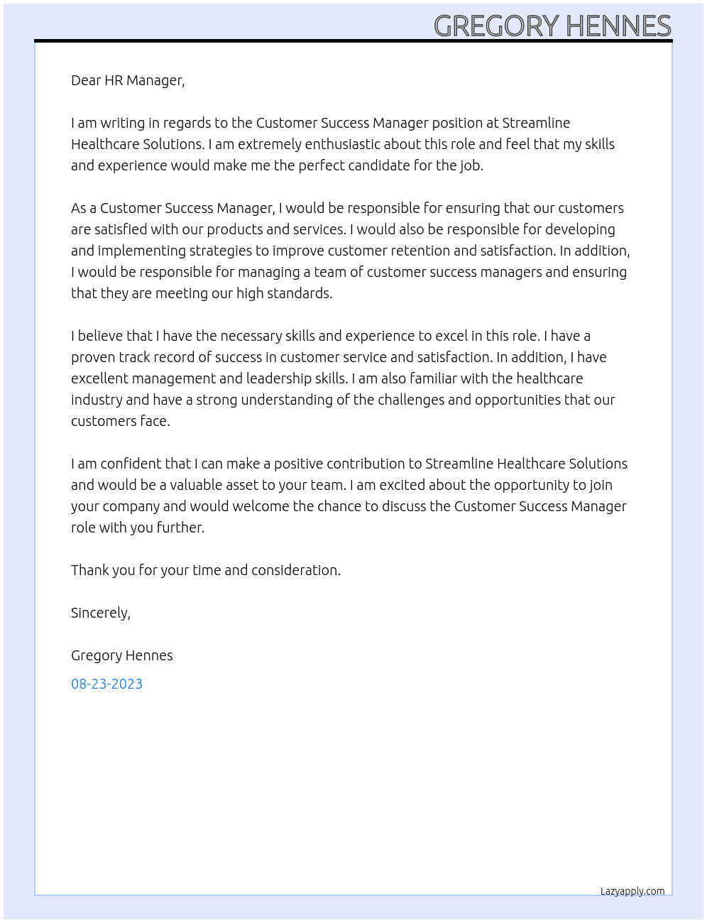 Customer Success Manager At Streamline Healthcare Solutions Cover Letter