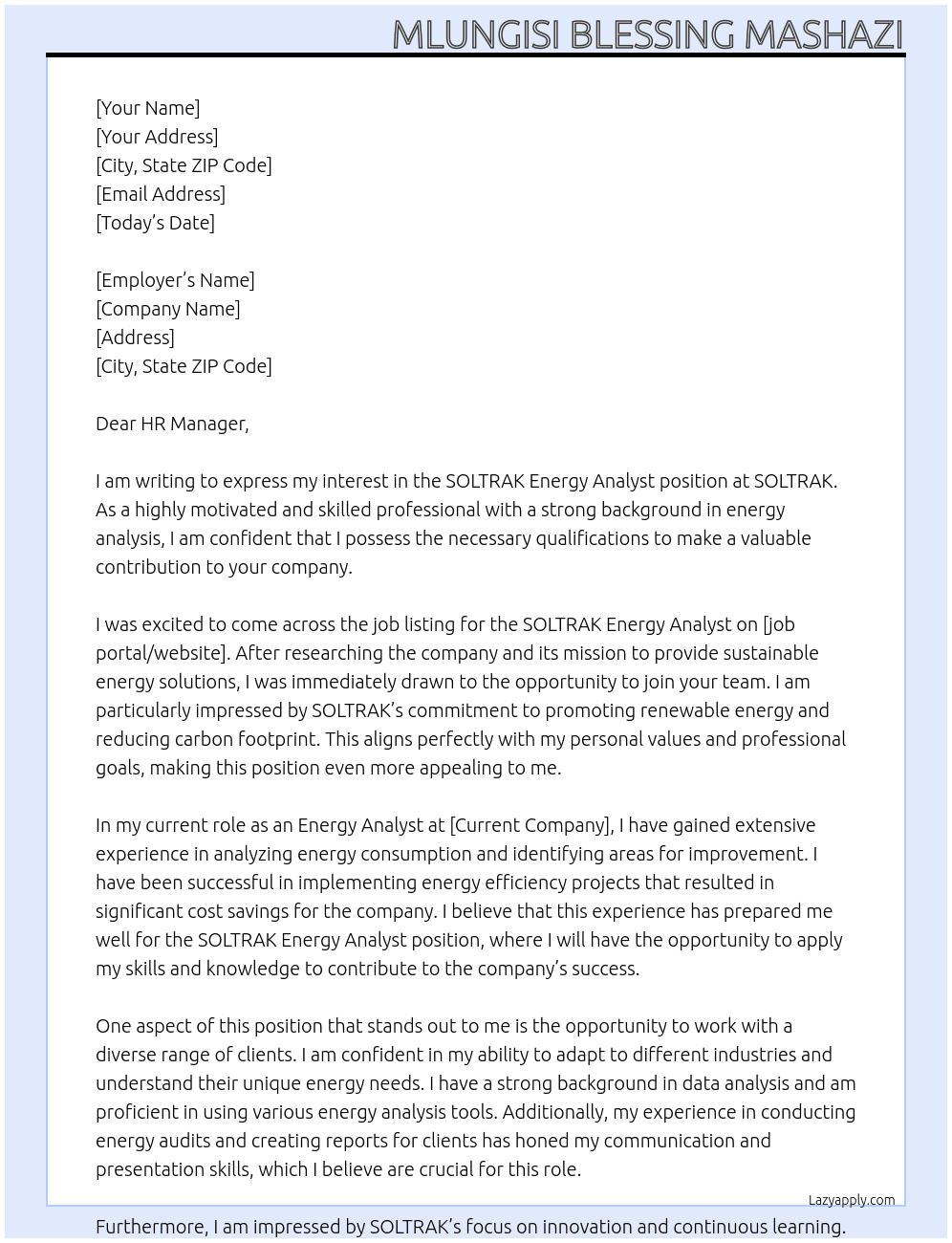 SOLTRAK Energy Analyst At SOLTRAK Cover Letter