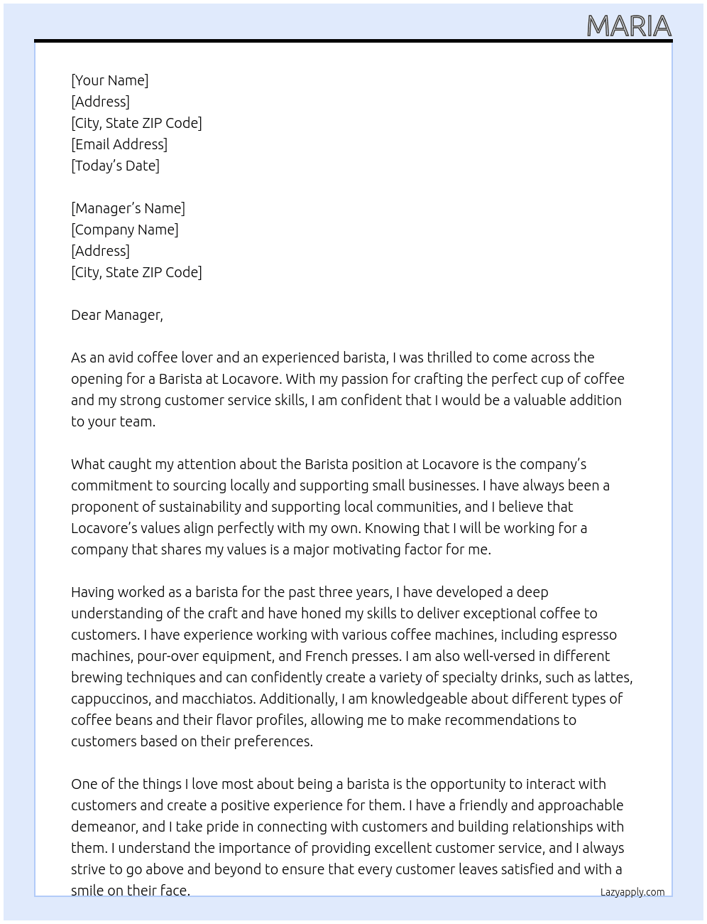 Barista At Locavore Cover Letter