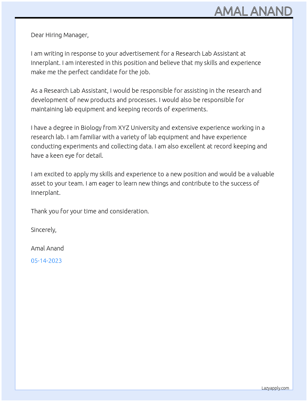 RESEARCH LAB ASSISTANT At INNERPLANT Cover Letter