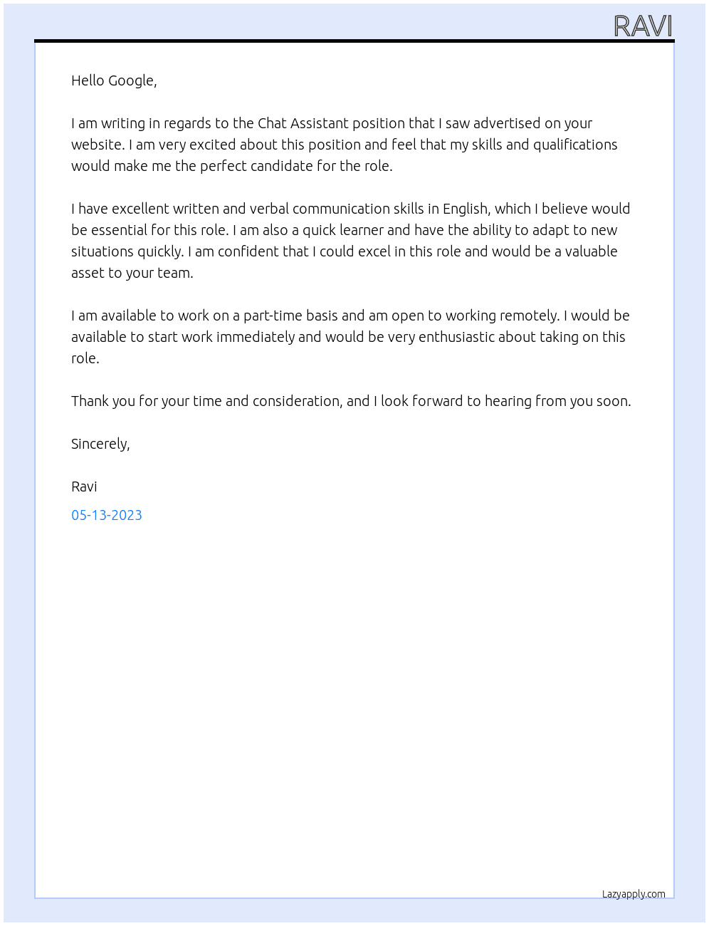 Cover letter for chat assistant - LazyApply