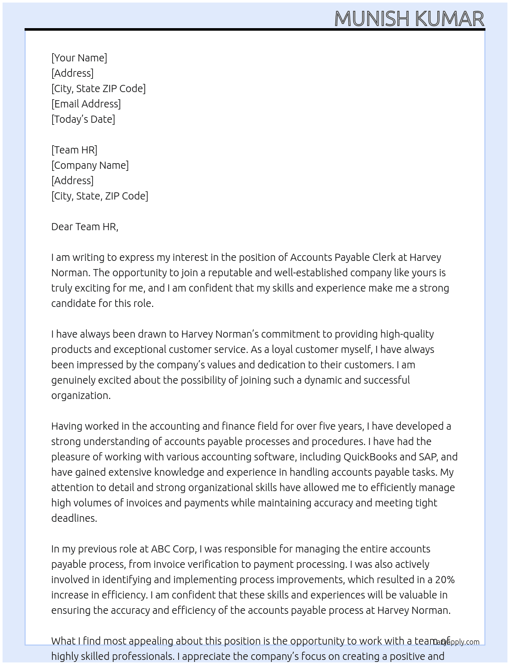 Accounts payable Clerk  At Harvey Norman Cover Letter