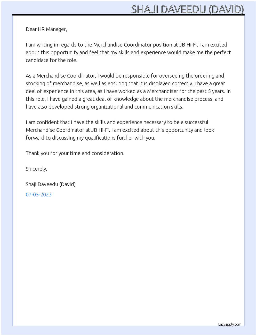 Merchandise Coordinator At JB Hi-Fi Cover Letter
