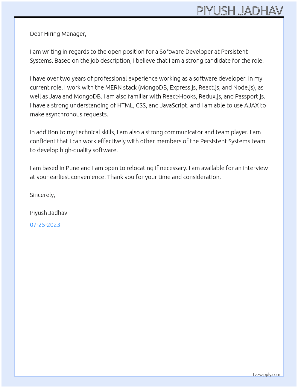 Software Developer At Persistent Systems Cover Letter