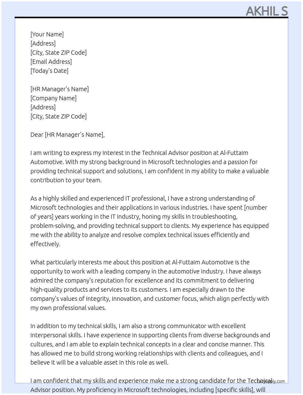 technical advisor At al futtaim automotive Cover Letter