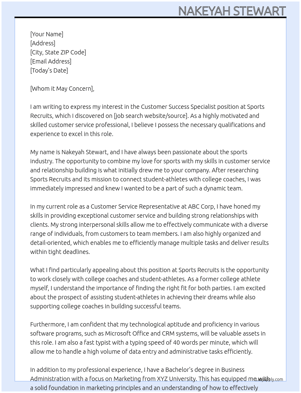 Customer Success Specialist At Sports Recruits Cover Letter