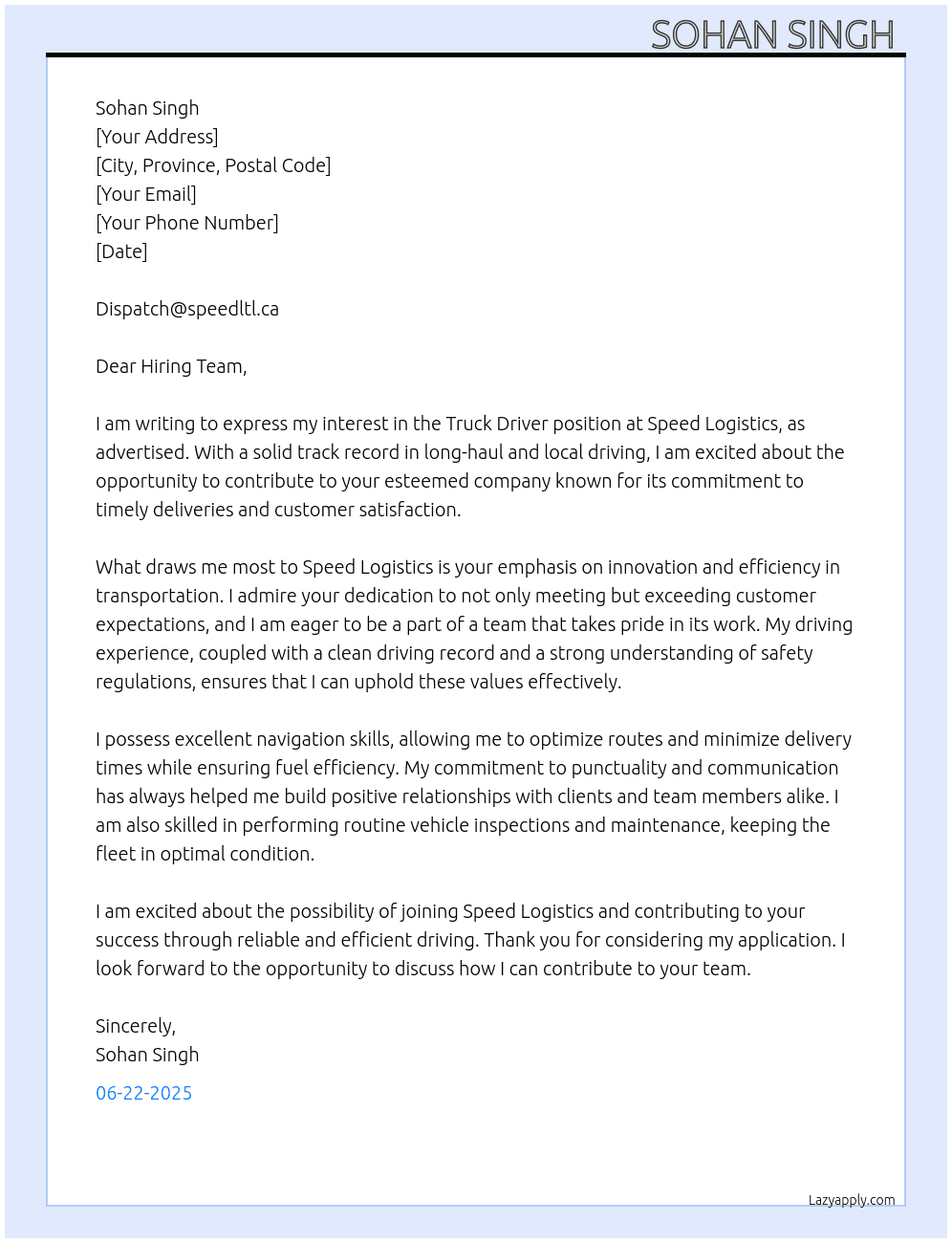 Truck driver  At Speed logistics  Cover Letter