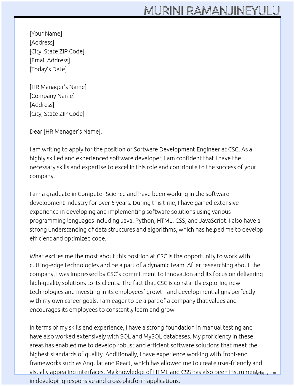 Software Development Engineer  At csc Cover Letter