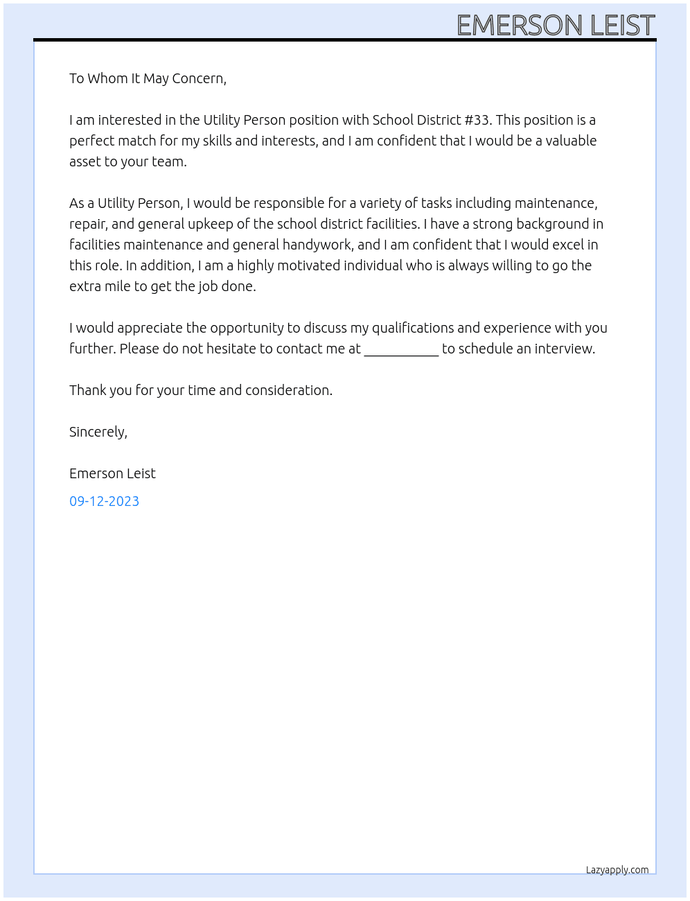 Utility Person At School District #33 Cover Letter