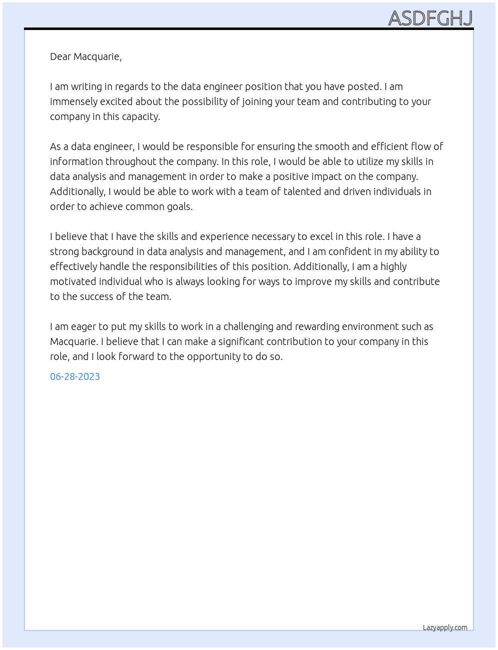 data engineer At Macquaire Cover Letter