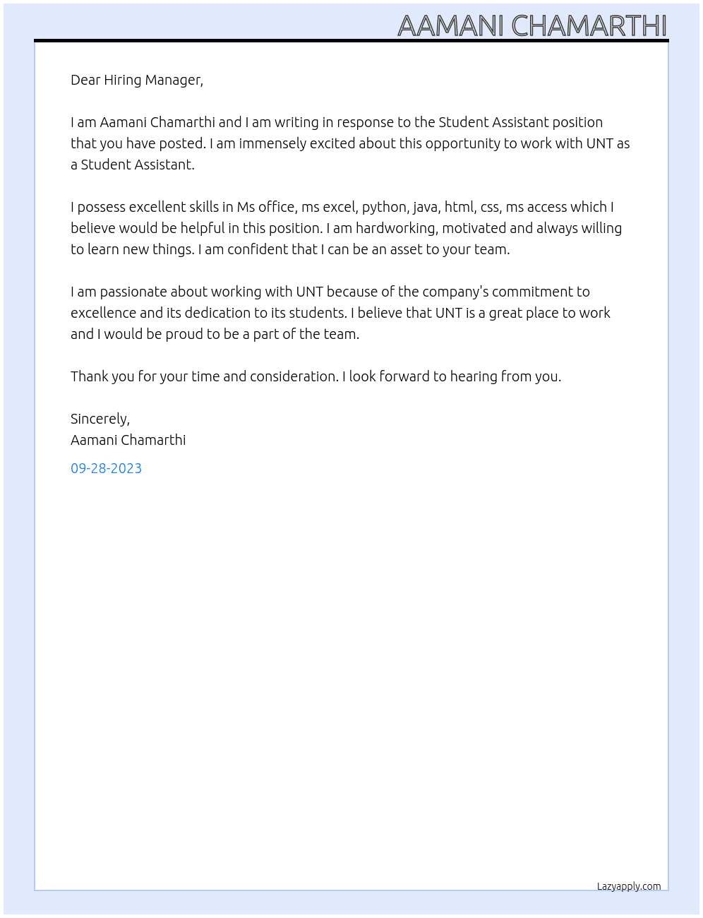 Student Assistant At UNT Cover Letter
