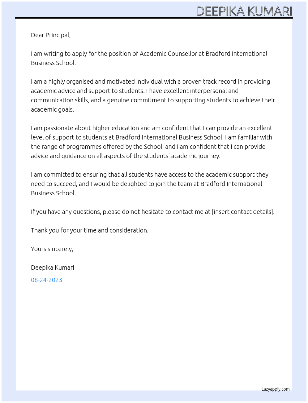 Academic counsellor At Bradford international business schoool Cover Letter