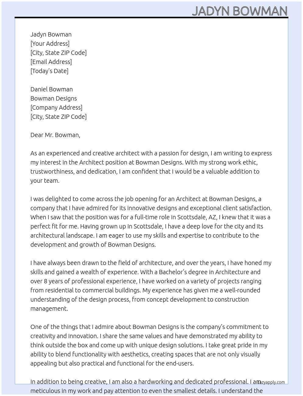 Architect At Bowman Designs Cover Letter