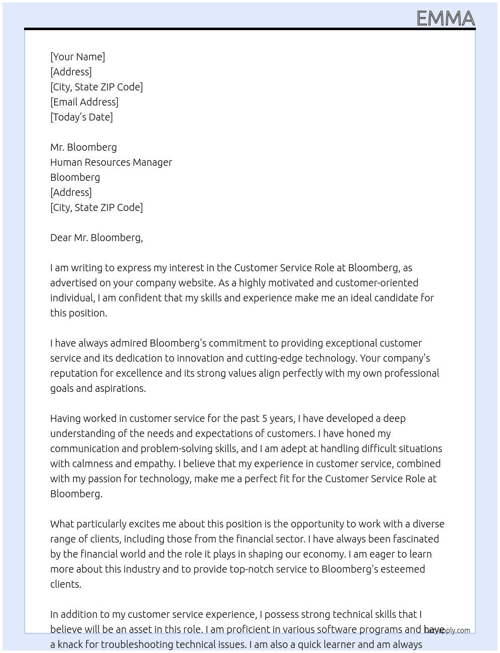 Customer Service Role At Bloomberg  Cover Letter