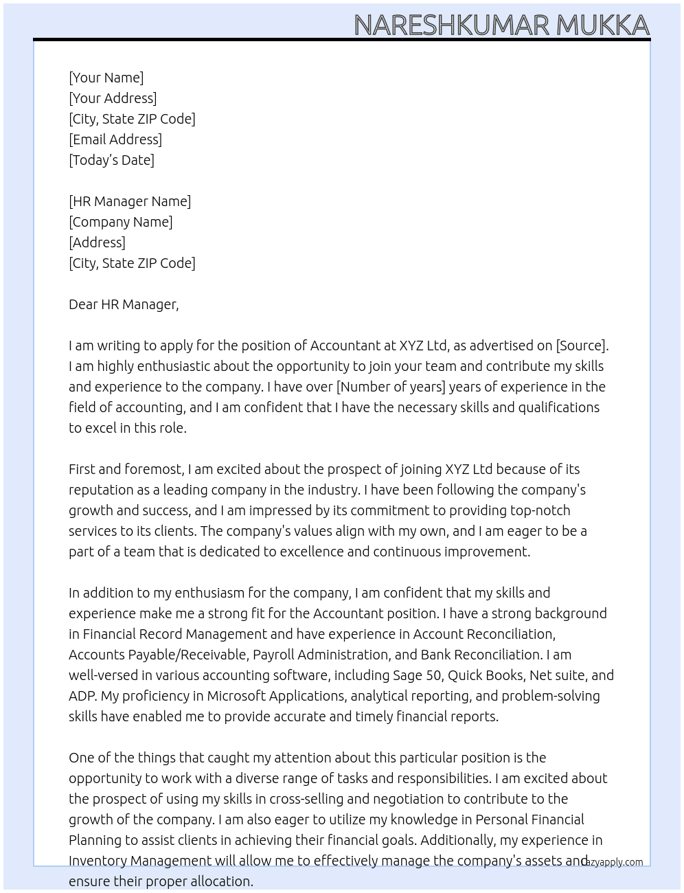 Accountant At XYZ ltd Cover Letter
