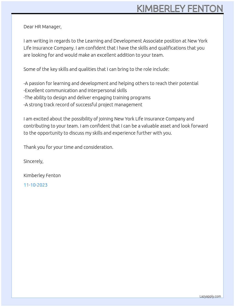 Learning and Development Associate At New York Life Insurance Company Cover Letter
