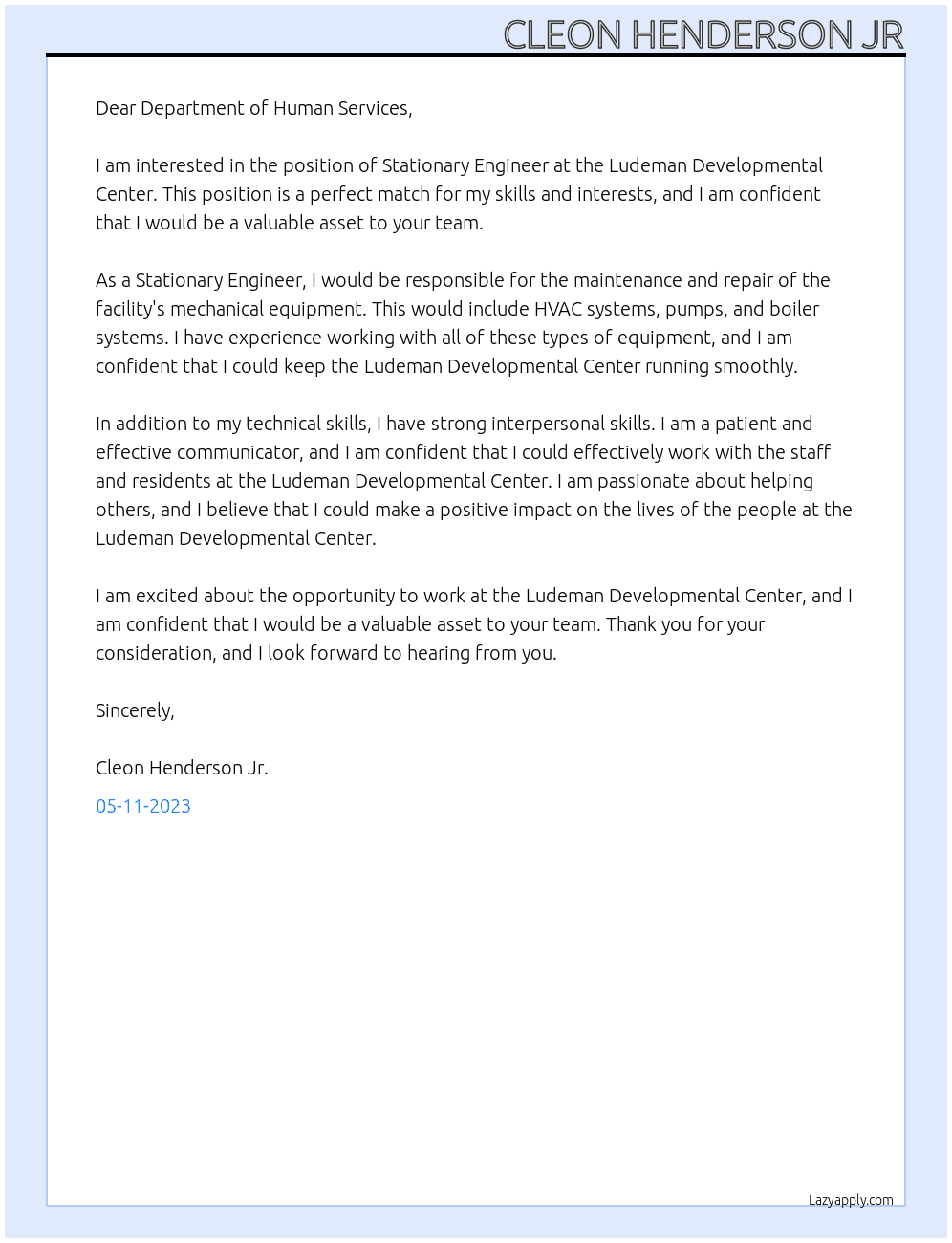 Stationary Engineer  At Ludeman Developmental Center Cover Letter