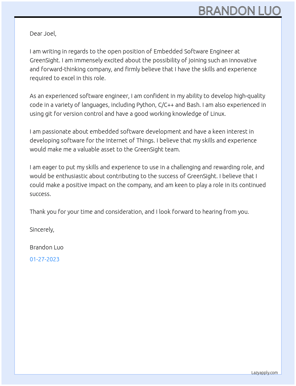 Embedded Software Engineer At GreenSight Cover Letter