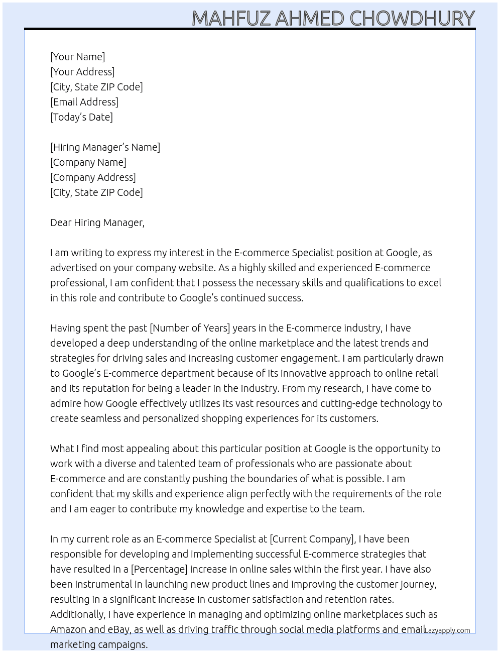 E-commerce Specialist At Google Cover Letter