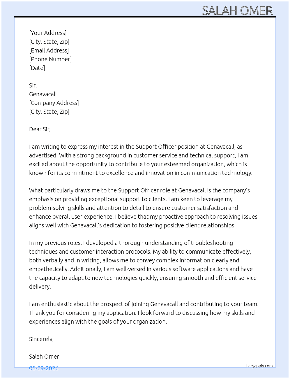 Support officer  At Genavacall Cover Letter