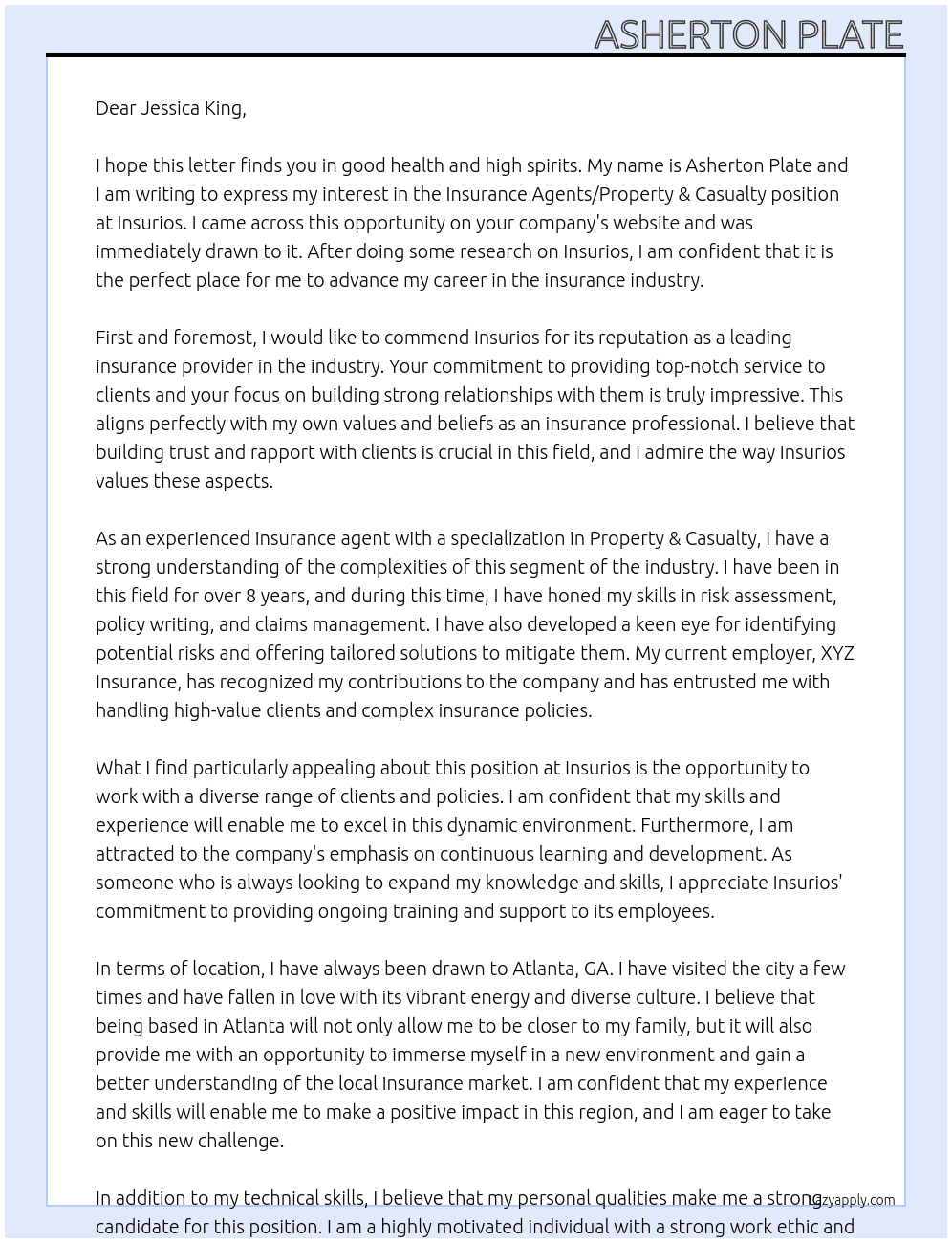Insurance Agents/Property & Casualty  At Insurios Cover Letter