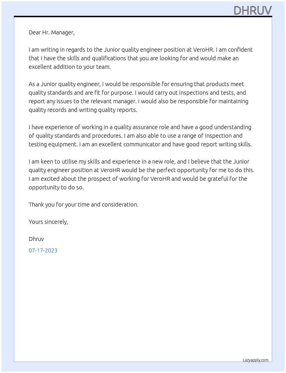 Junior quality engineer At VeroHR Cover Letter