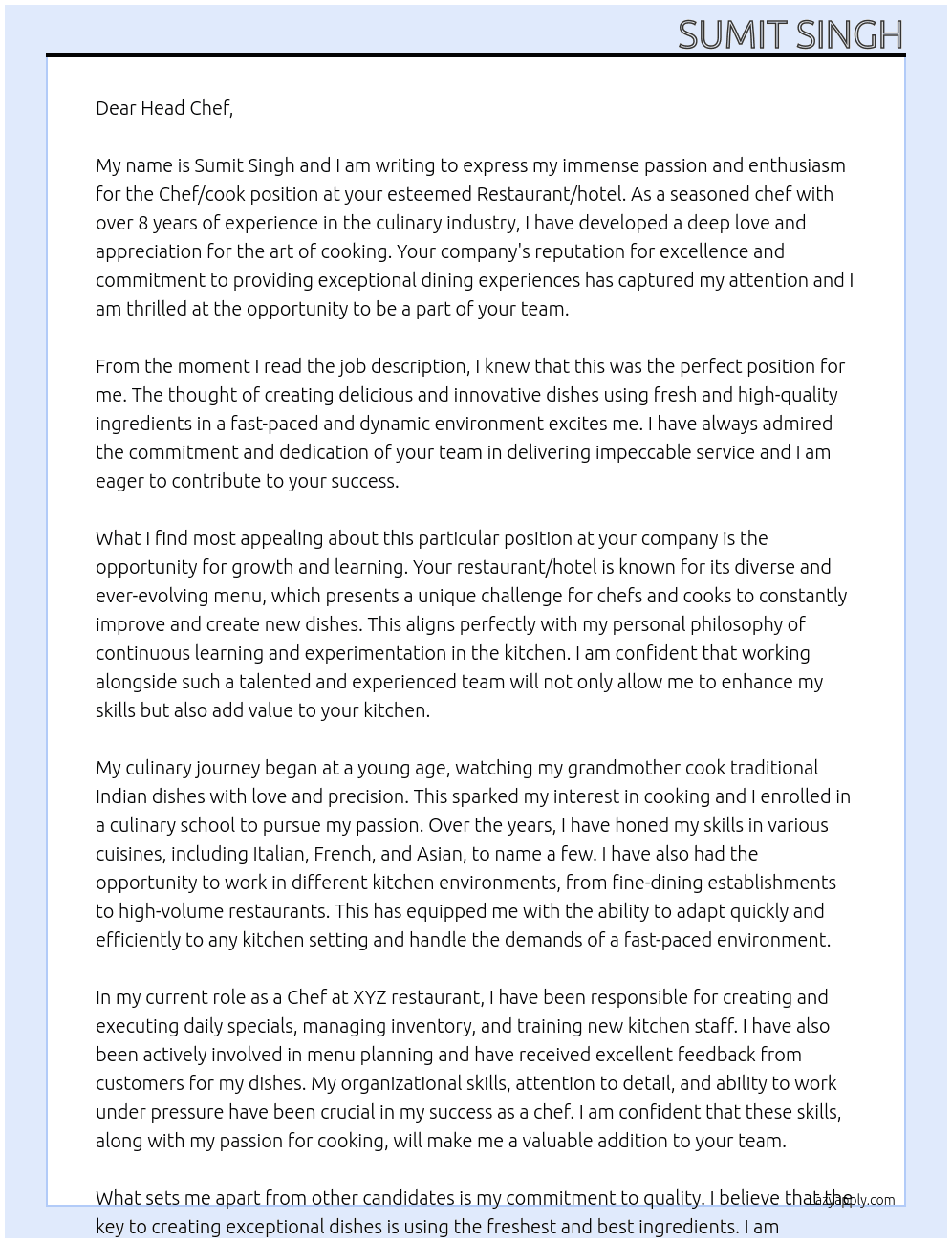 Chef/cook At Restaurant’s/hotel’s  Cover Letter