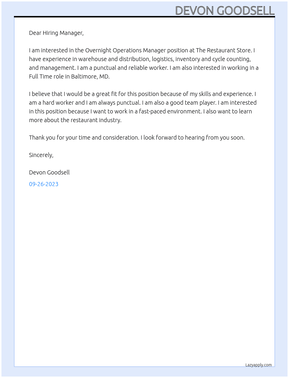 Overnight Operations Manager At The Restaurant Store Cover Letter