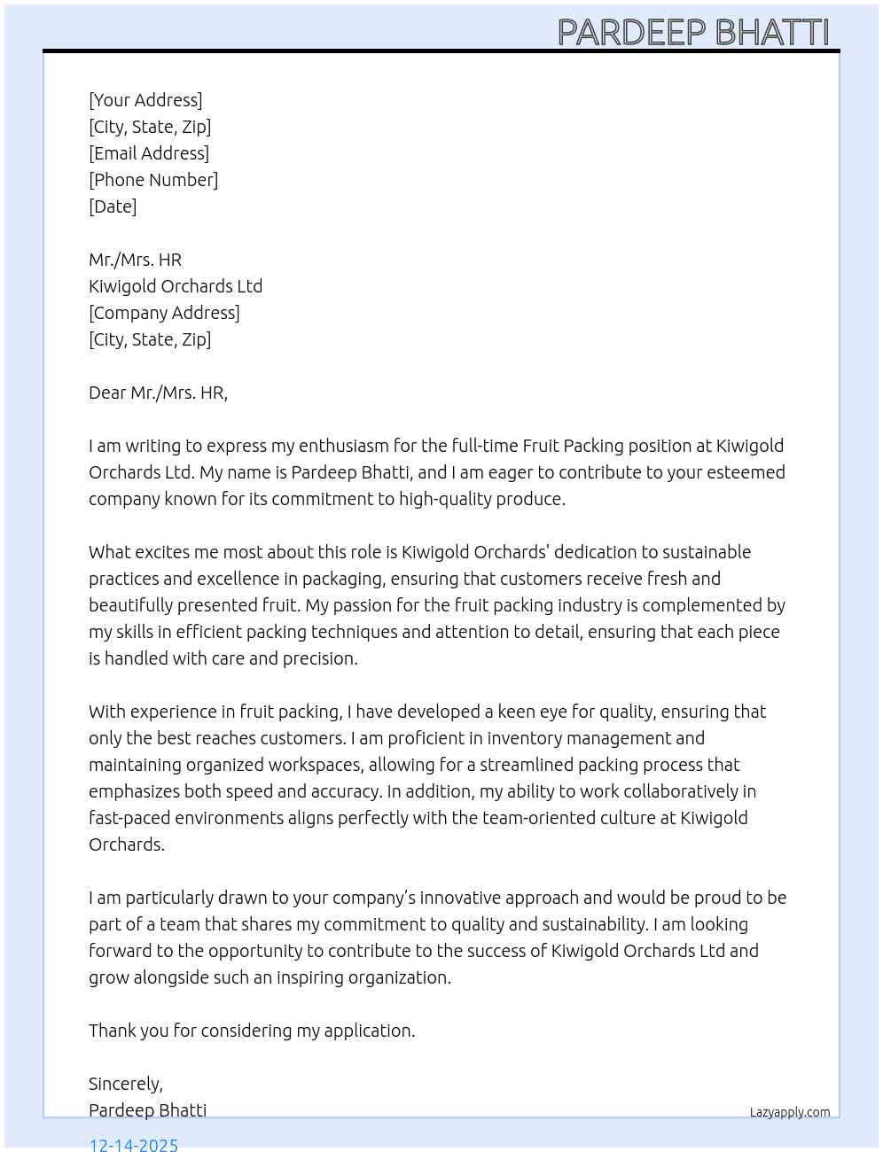 Fruit packing  At kiwigold orchards ltd Cover Letter