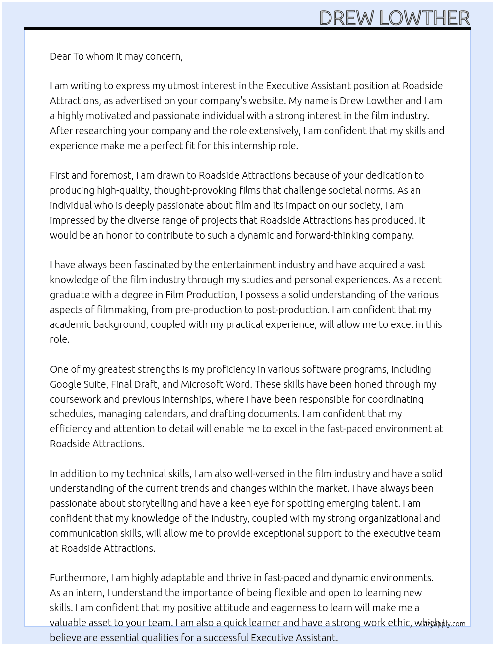 Executive Assistant At Roadside Attractions Cover Letter