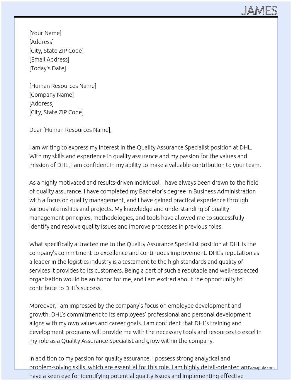 Quality Assurance Specialist At dhl Cover Letter