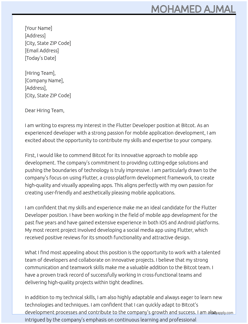 Flutter developer At Bitcot Cover Letter