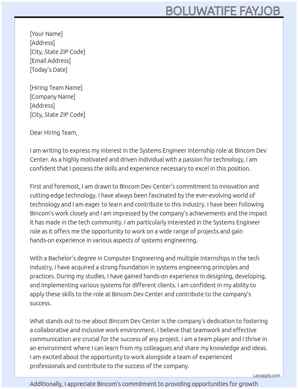 Systems engineer At Bincom dev center  Cover Letter