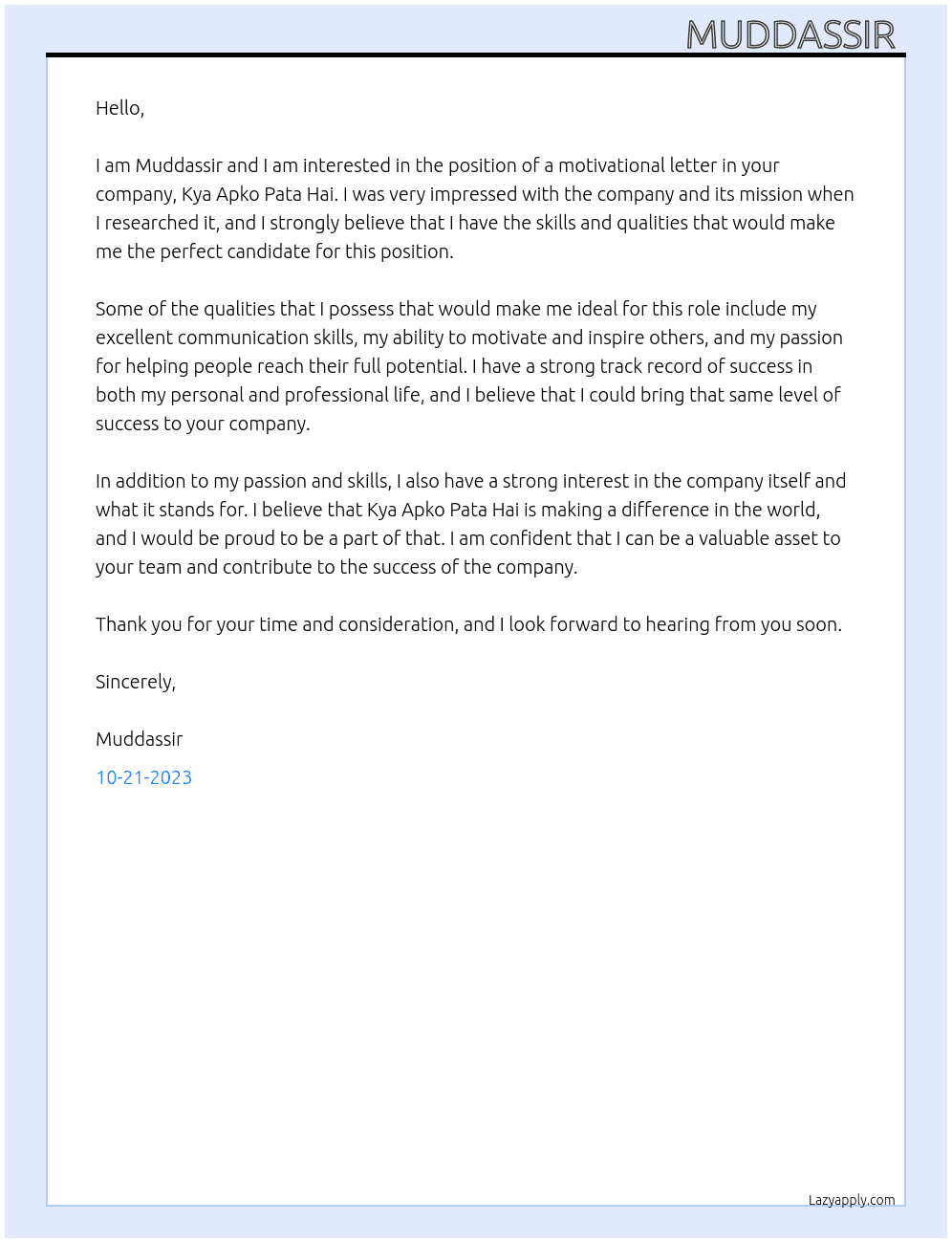 Motivational letter  At Kya Apko Pata Hai  Cover Letter