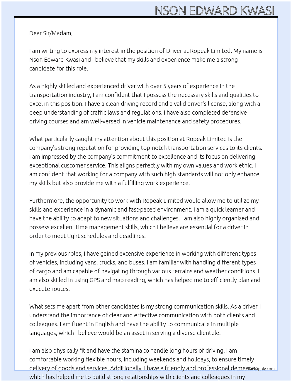 DRIVER At Ropeak Limited  Cover Letter