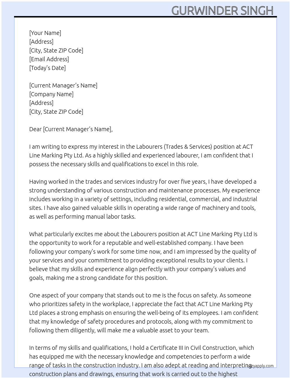 Labourers (Trades & Services) At ACT Line Marking Pty Ltd  Cover Letter