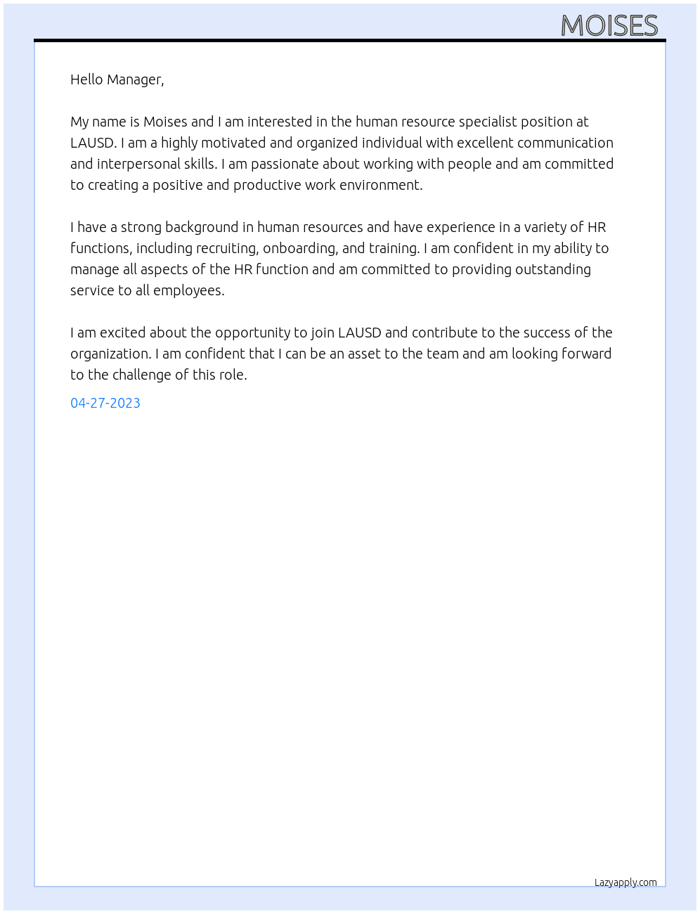 human resource specialist At lausd Cover Letter