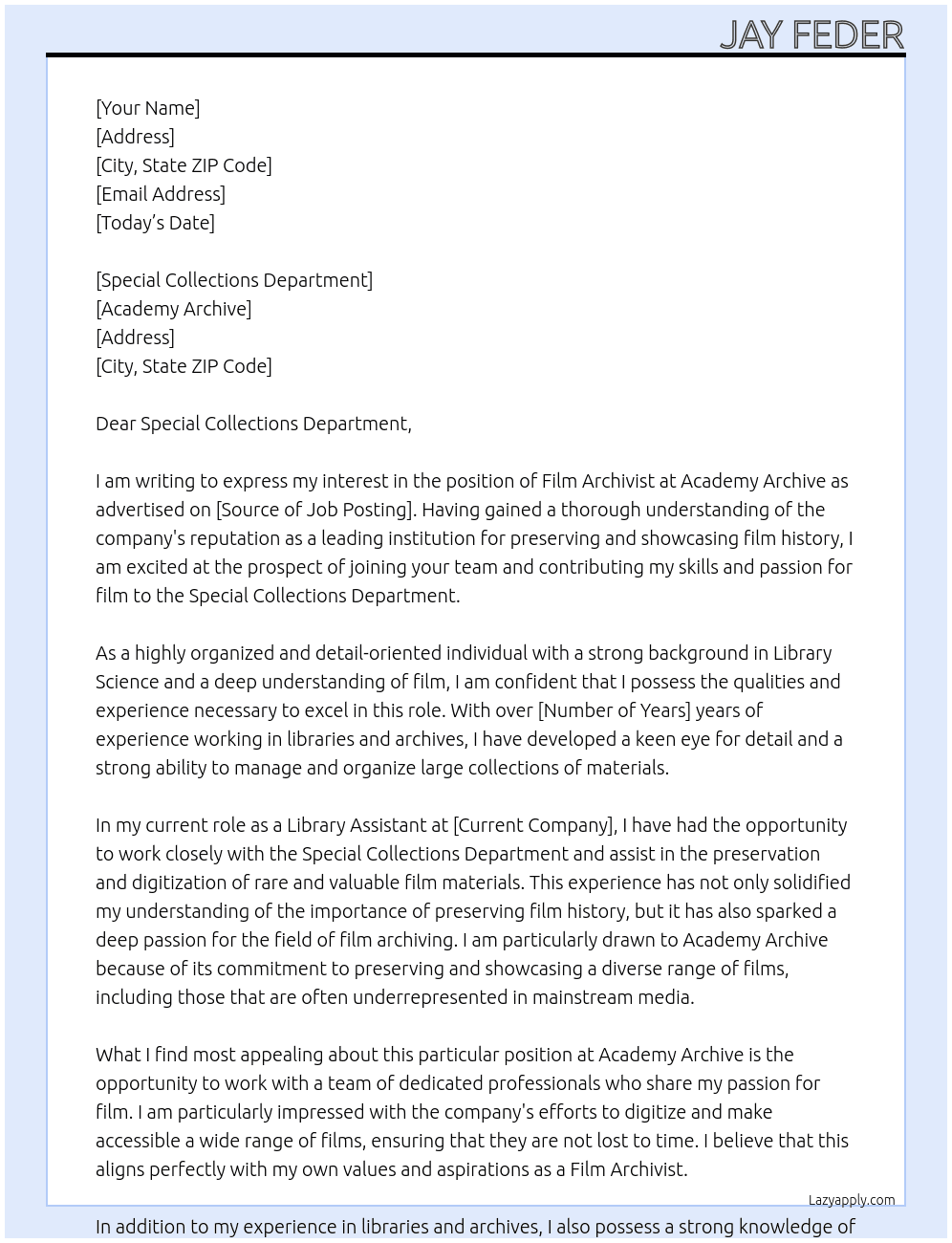 Film Archivist At Academy Archive  Cover Letter