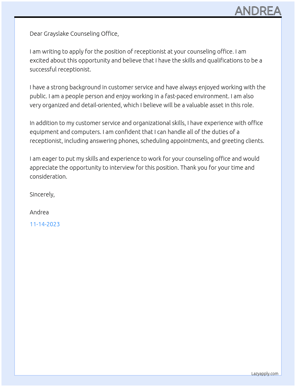 Receptionist  At Grayslake Counseling Office Cover Letter