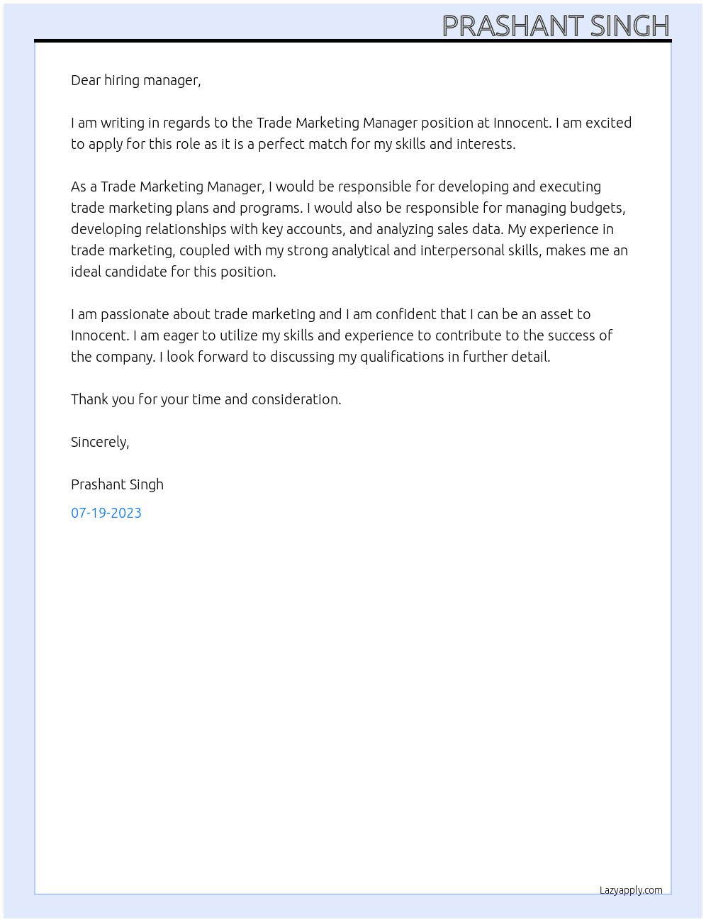 trade marketing manager At innocent Cover Letter